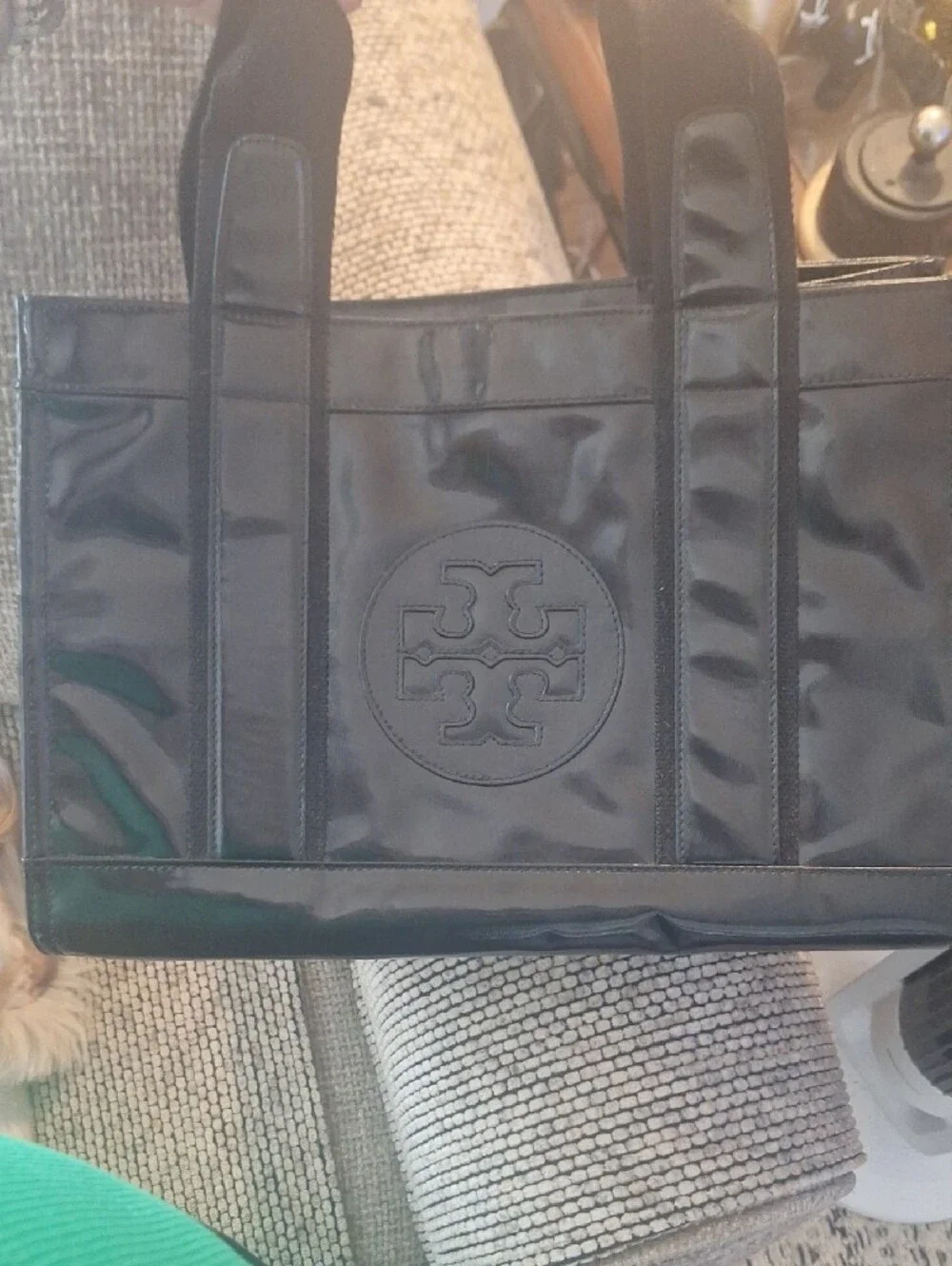 Tory Burch Black Patent Leather Messenger Tote with Logo